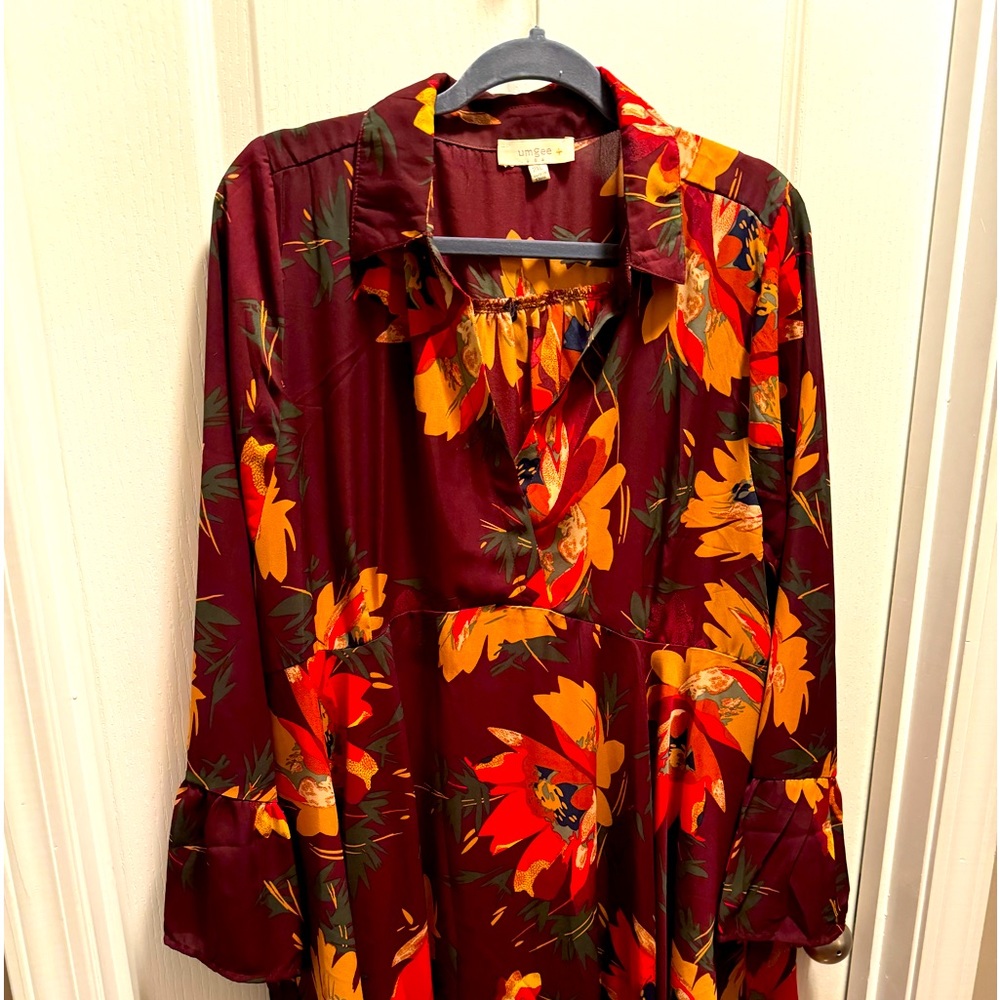 Umgee Burgundy Long Sleeve Floral Dress with Yellow & Red Blooms